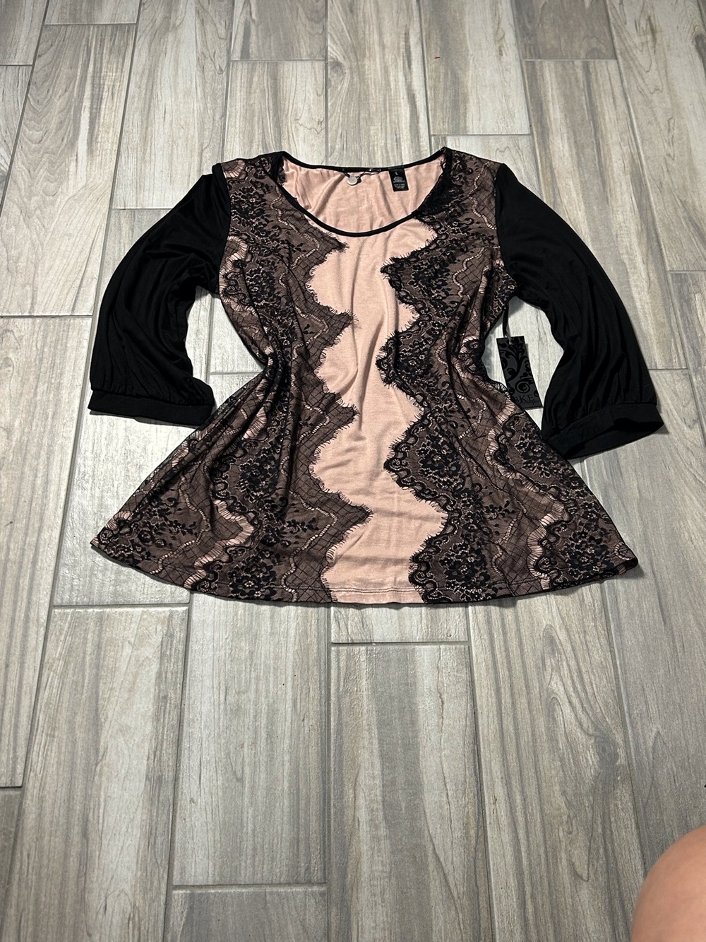 Blush Top Embellished w/Black Lace Long Sleeve L Boho Fairy Grunge Feminine